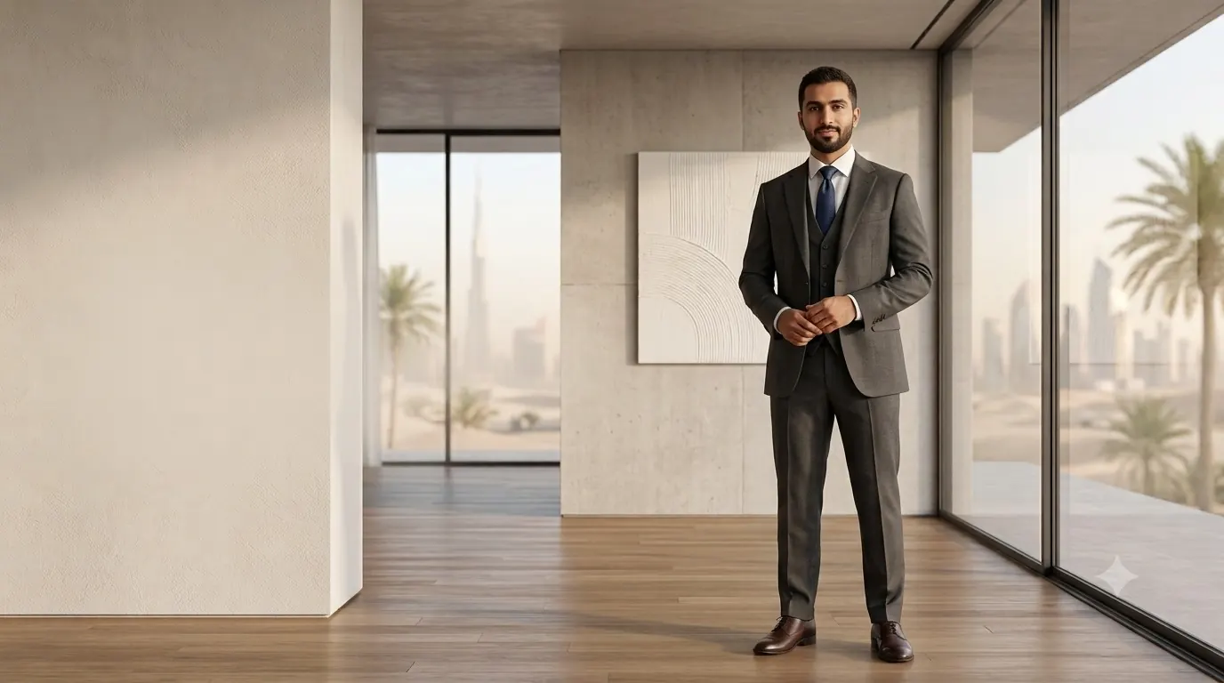 Man wearing a bespoke grey business suit tailored by Golden Outfit Corner