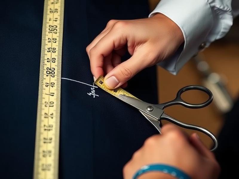 Tailor measuring and marking navy suiting fabric