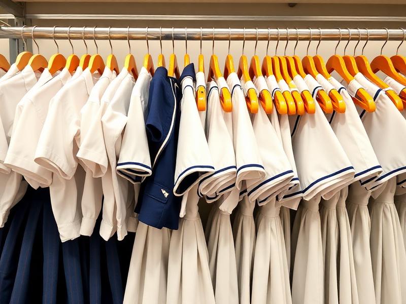 Neatly arranged school uniforms on hangers