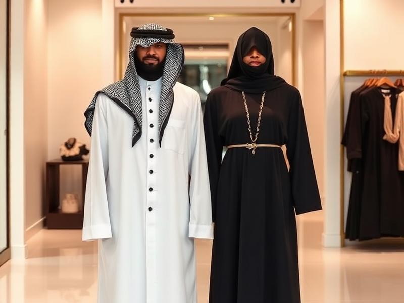 Tailored white kandora and black abaya in neutral tones